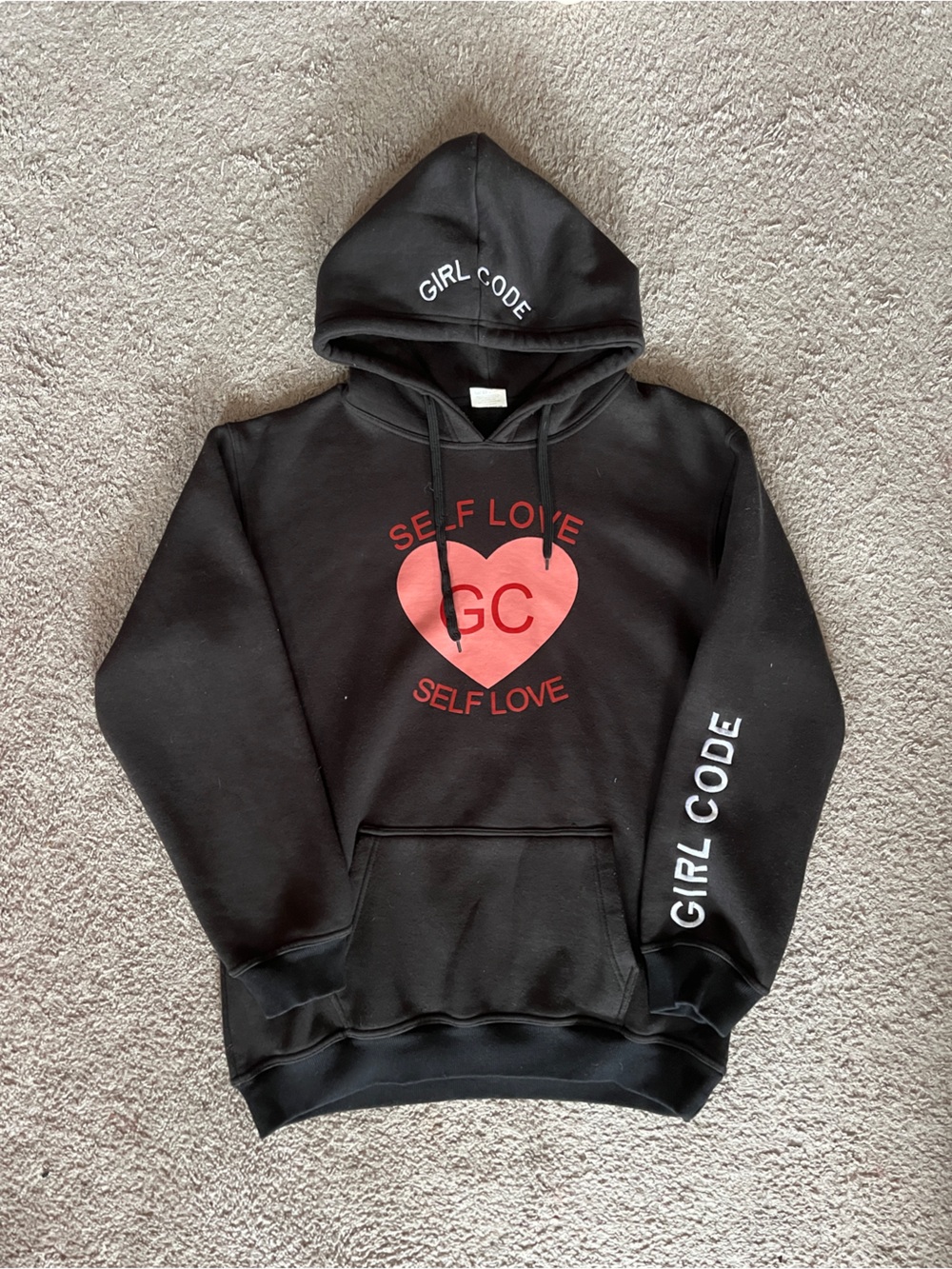 Black "Girl Code" Hoodie with Red Heart Graphic